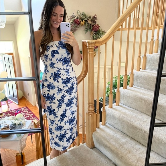 these three boutique Dresses & Skirts - White Strapless Midi Dress with Blue Floral Print